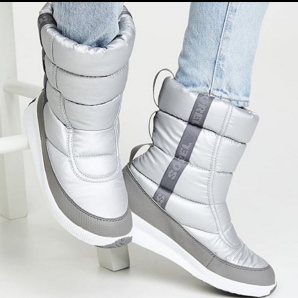 Sorel Silver Puffer Ankle Booties
